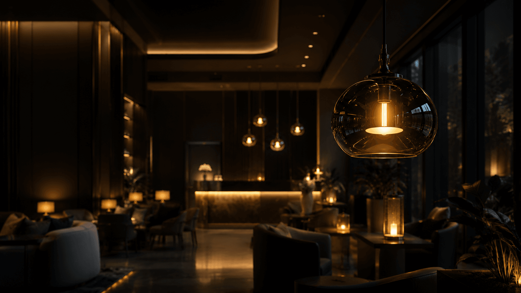 Hotel lobby at dusk — glow-driven, low-key