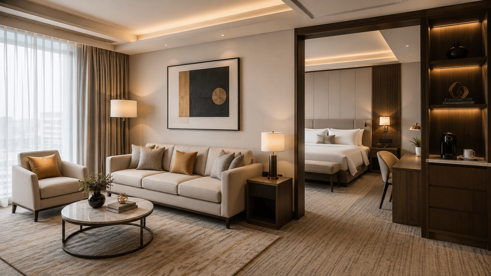 Bright hospitality suite — warm, human, soft shadows