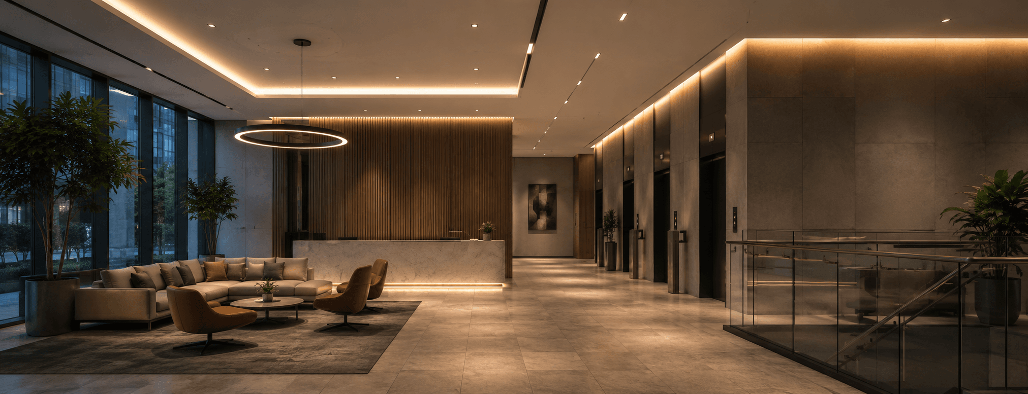 Commercial — Dark, low-key, glow-driven hotel lobbies, restaurant ambience, façade lighting at dusk