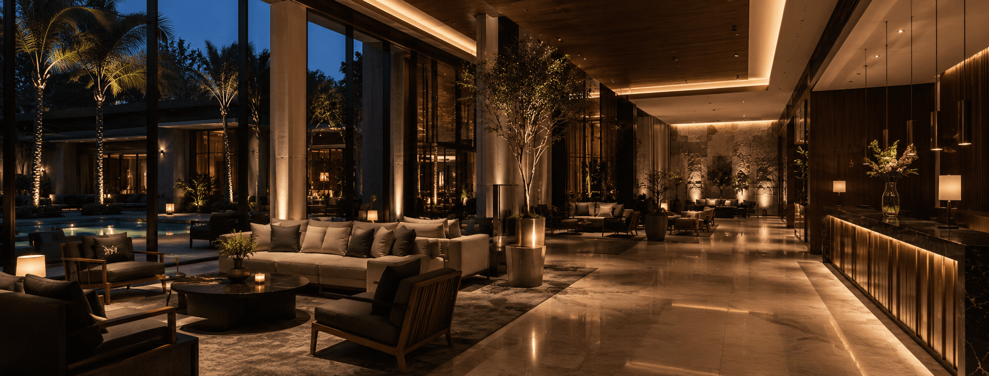 Hospitality — Dark, low-key, glow-driven hotel lobbies, restaurant ambience, façade lighting at dusk