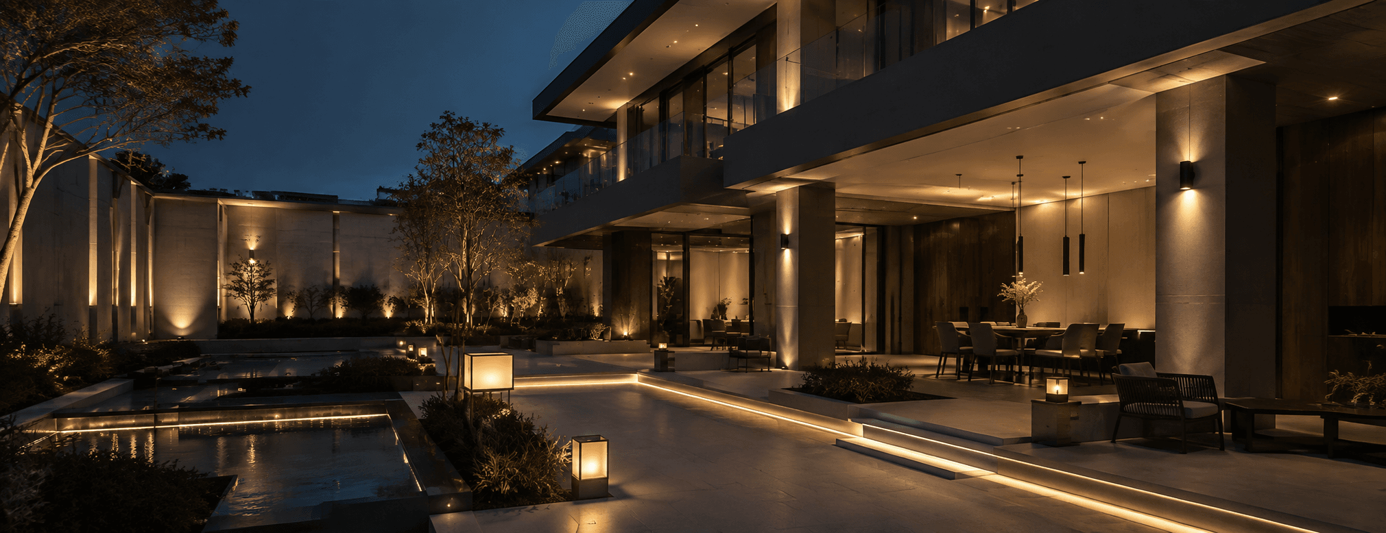 Architectural — Dark, low-key, glow-driven hotel lobbies, restaurant ambience, façade lighting at dusk