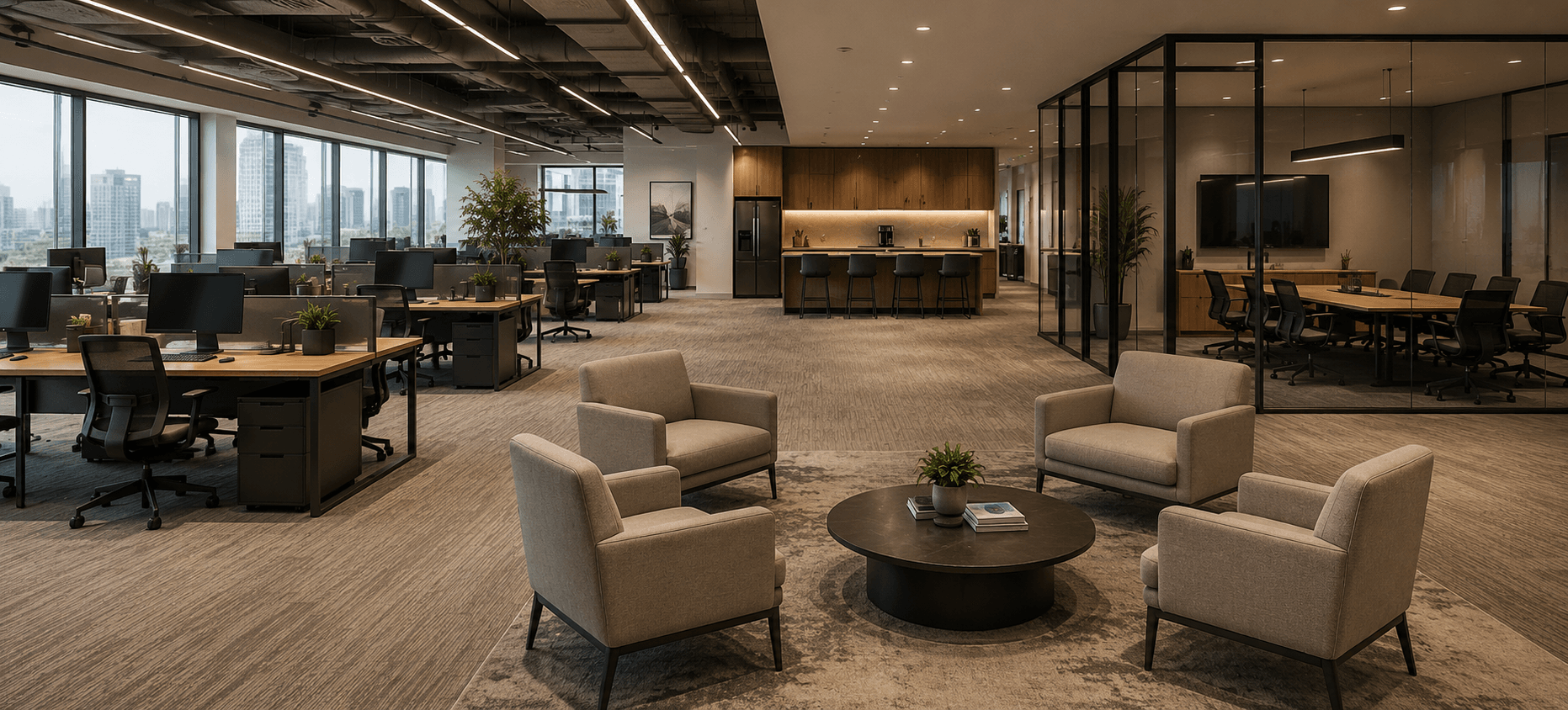 Commercial Office — Bright, warm, human hospitality suites, office workspaces, healthcare and education settings